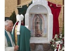 Lady Guadalupe  transferred onto porcelain kiln fired tiles for an outdoor courtyard in a parrish